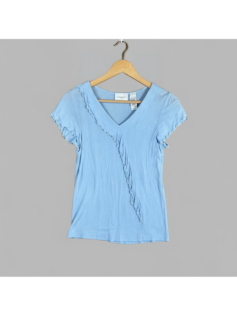 Liz Claiborne Cottagecore Light Blue Ruffle Trim V-Neck Short Sleeve Top Size PS